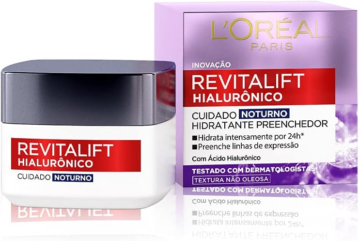 L'Oréal Paris Creme Facial Anti-Idade com Ácido Hialurônico Revitalift Diurno FPS 20, 49g Marca L'Oréal Paris Volume do produto 50 Mililitros Dimensões do item C x L x A 7 x 7 x 6,9 centímetros Faixa etária (descrição) Adulto Ingredientes ativos Ácido hialurônico