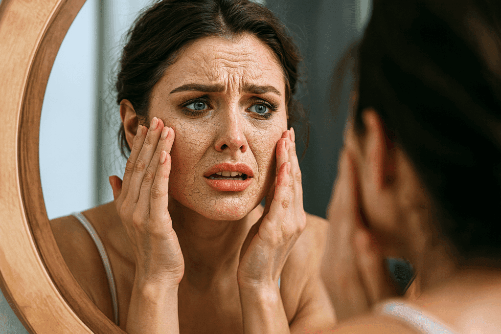 Mulher olhando no espelho frustrada com a maquiagem craquelada na sua pele oleosa.
