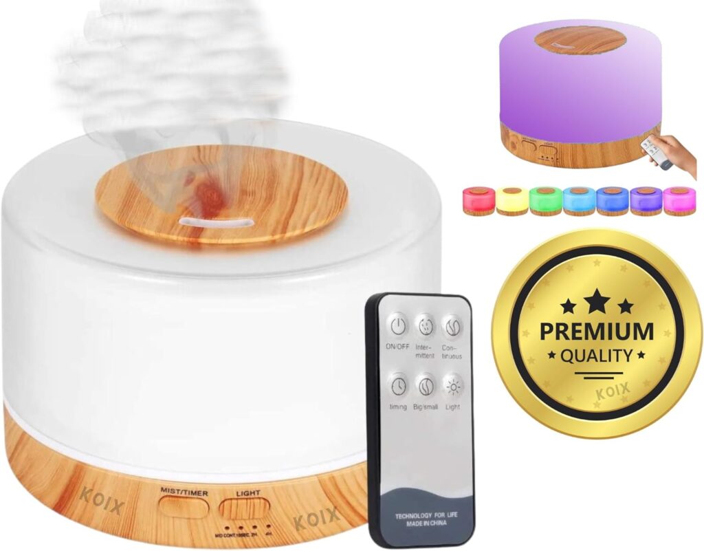 Difusor De Aromas, Umidificador De Ar Ultra-Sônico 500Ml, Difusor De Óleo Essencial, Abajur Led, Lâmpada Colorida Com Controle Remoto (Madeira Clara)