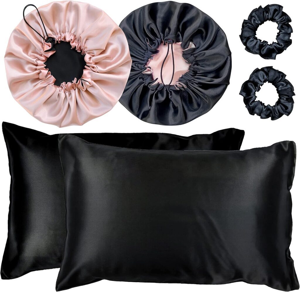 Kit-2-Fronha-De-Cetim-Seda-2-Toucas-2-Xuxinhas-PretoChampagne