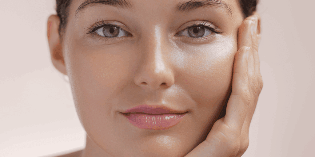 Mulher com um leve sorriso de satisfação com a hidratação da pele e seu skincare