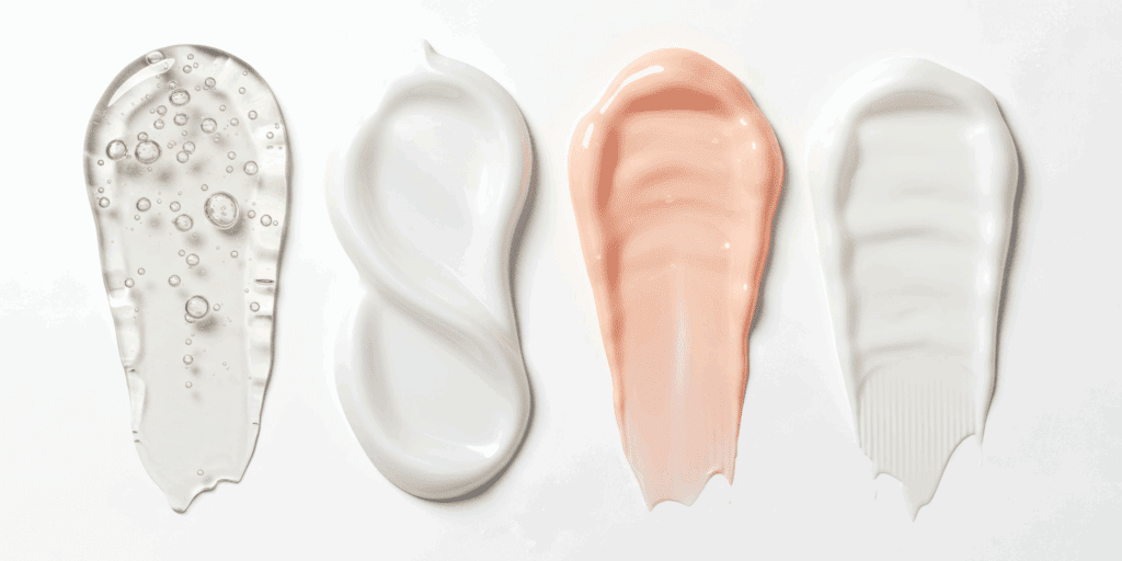 Diferentes texturas de produtos de skincare, como sérum, creme e gel, para uma rotina avançada.