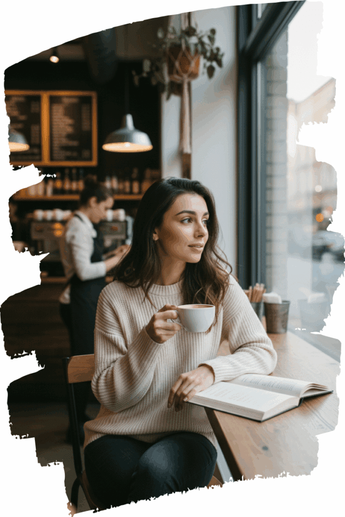 Momento de autocuidado: mulher desfrutando de café e leitura em cafeteria aconchegante.