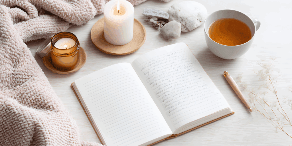 Diário e caneta em um ambiente tranquilo, simbolizando o autocuidado emocional através da escrita.