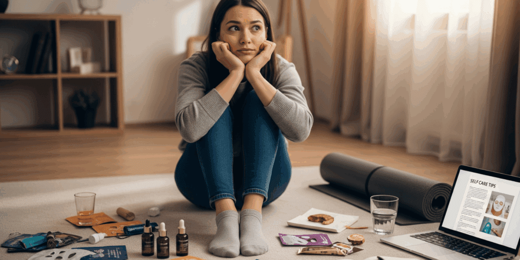 Uma mulher com expressão pensativa ou um pouco cansada, talvez com alguns itens de autocuidado espalhados de forma um pouco desorganizada ao redor, transmitindo a ideia de "tentando, mas não acertando"