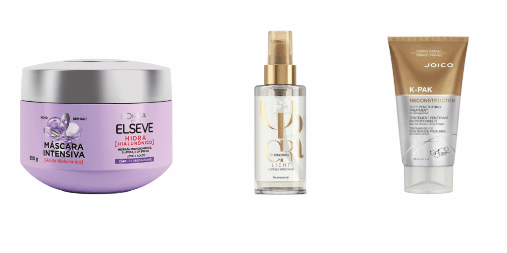 Produtos para tratamento de cabelos com danos químicos. Elseve Loreal, Wella, Joico.