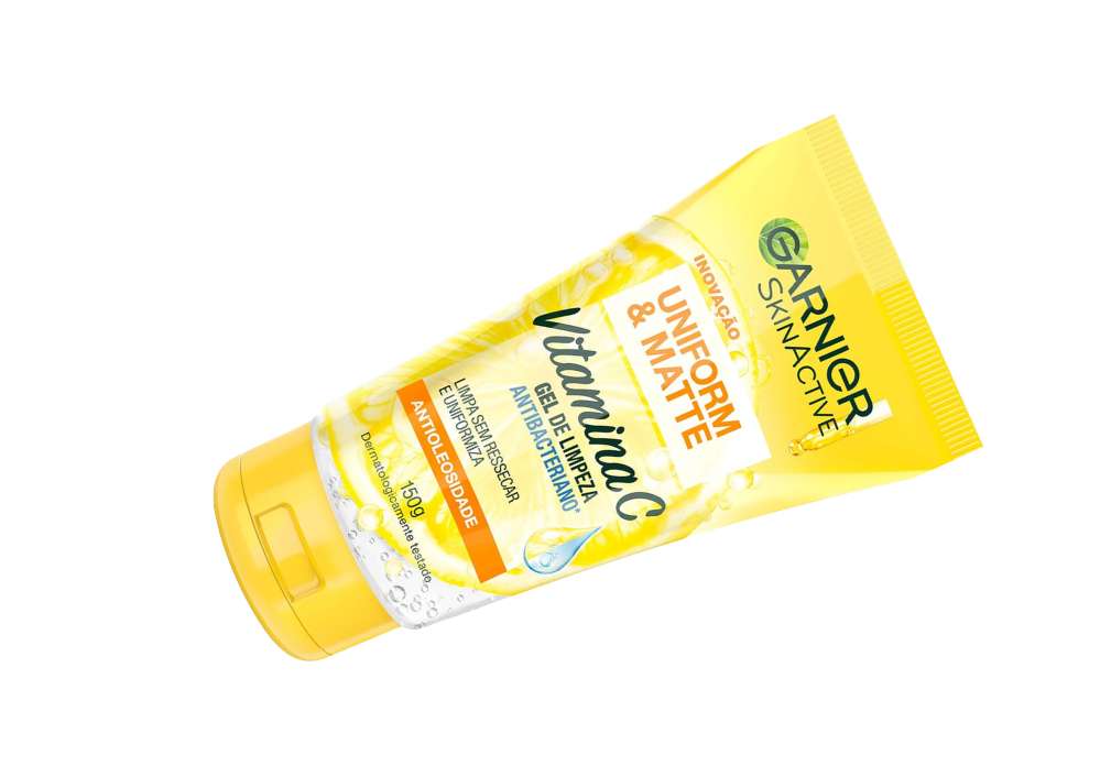 Produto Garnier Uniform e Matte, Antibacteriano, gel de limpeza, Skincare pele oleosa, bisnaga cor amarela 150g.