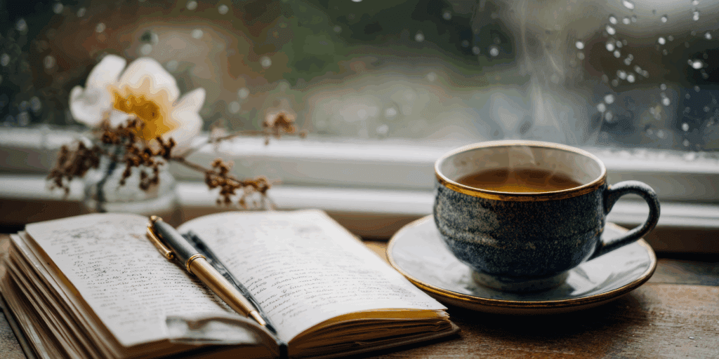 Close-up de um diário de gratidão aberto, com uma caneta e uma xícara de chá ao lado, em um ambiente aconchegante.