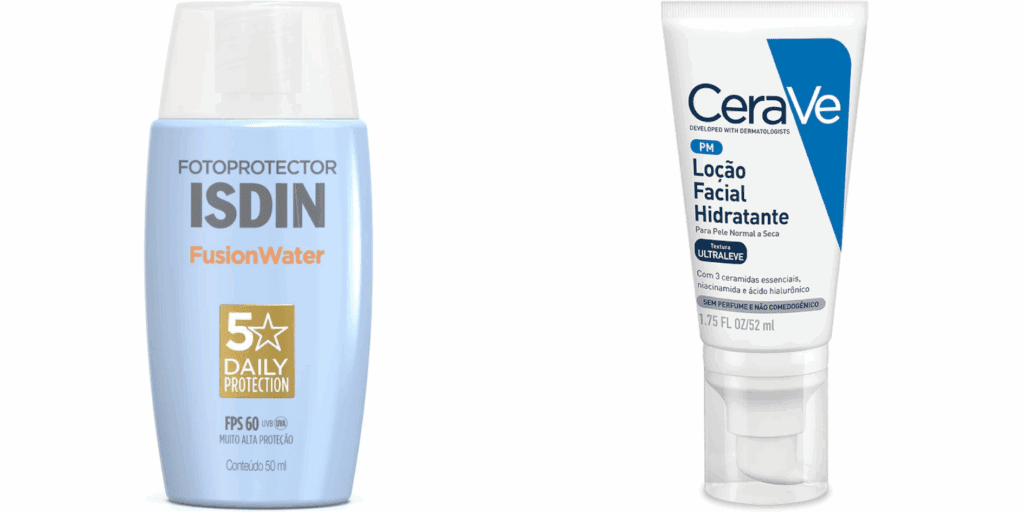 Hidratante e protetor solar faciais ISDIN E CERAVE.