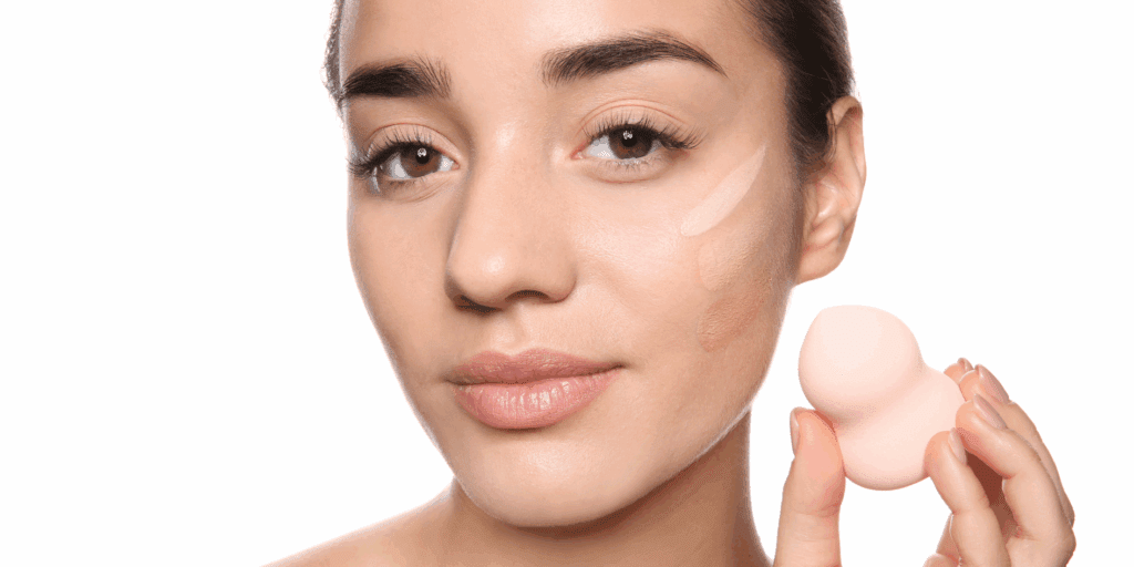 Mulher aplicando base com uma esponja úmida para evitar que a maquiagem craquele na pele oleosa.