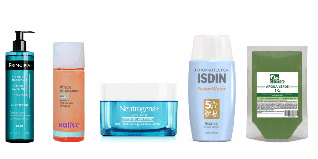  5 produtos recomendados no artigo (gel de limpeza, tônico, hidratante, protetor solar e máscara de argila) de forma harmoniosa e convidativa.