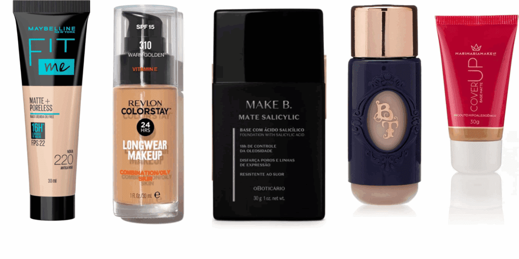 5 produtos para a pele e maquiagem, como base de cobertura de 5 marcar diferentes