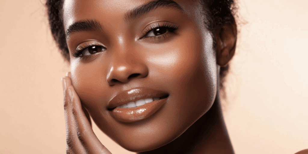  Foto em close-up do rosto de uma mulher, mostrando a pele com acabamento matte aveludado, sem brilho excessivo e com os poros disfarçados. A maquiagem deve parecer fresca e intacta.