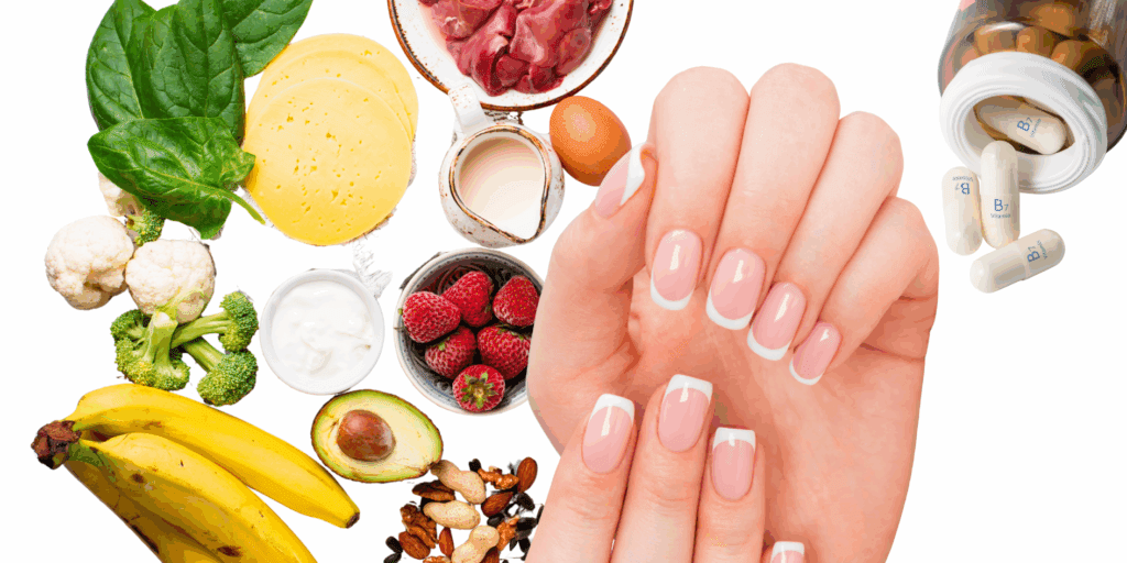 mão segurando um suplemento vitamínico para unhas, com frutas e legumes frescos ao fundo, simbolizando nutrição interna