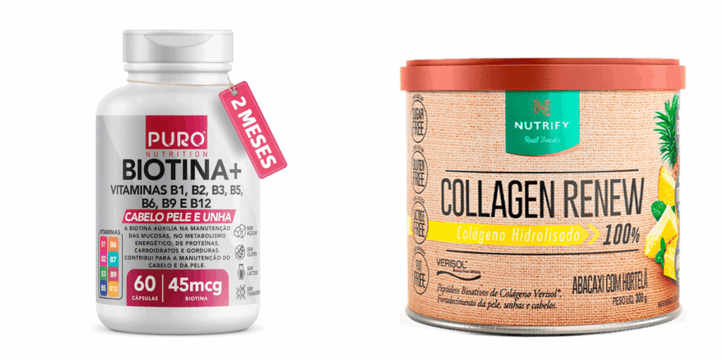 Biotina + Puro Nutrition Pele, Cabelo e Unhas, 45 mcg de Biotina por dose, Vitaminas B1, B2, B3, B5, B6, B9 e B12, 60 Cápsulas
e Colágeno Nutrify