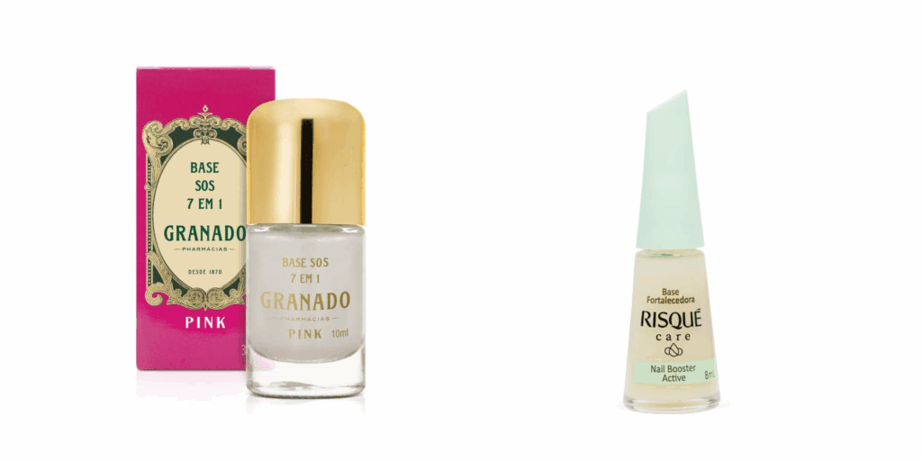 Base Fortalecedora Risqué Care 8ml, tratamento para as unhas. e Base fortalecedora Granado SOS 7 em 1-tratamento para as unhas danificadas.
