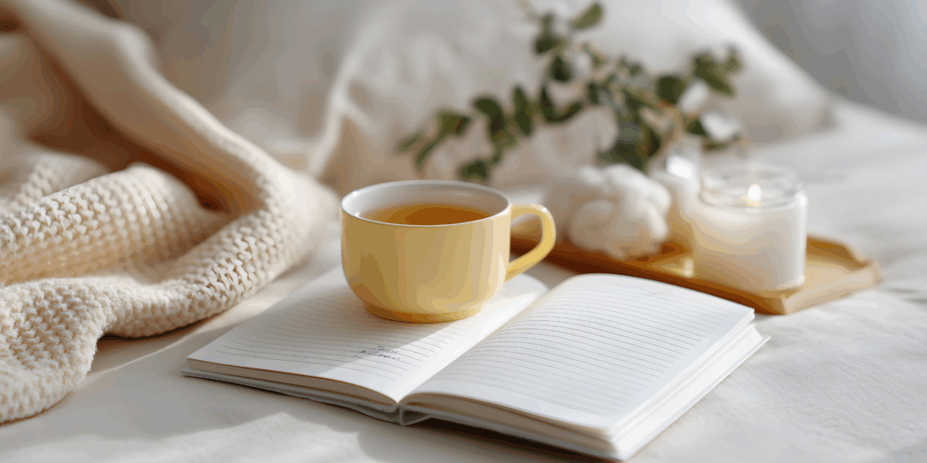 Objetos que representam diferentes maneiras de relaxamento, como um diário, um difusor de aromas e uma xícara de chá.