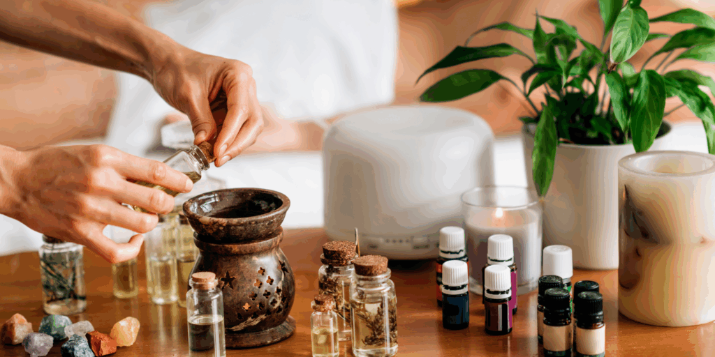  Close-up de um difusor de óleos essenciais ultrassônico em funcionamento, criando um ambiente de relaxamento.