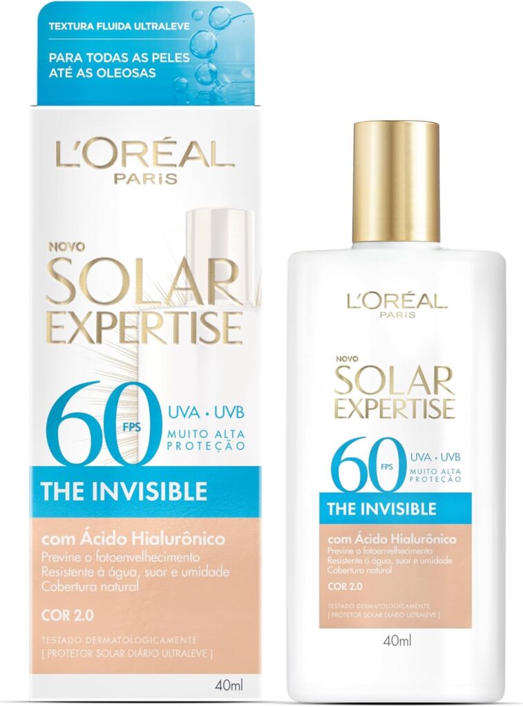 L’Oréal Paris Solar Expertise The Invisible Protetor Solar Facial FPS 60 Para Rosto Com Ácido Hialurônico, Textura Aquosa Ultraleve, Proteção Avançada Anti-Idade, Sem Cor, 40g
