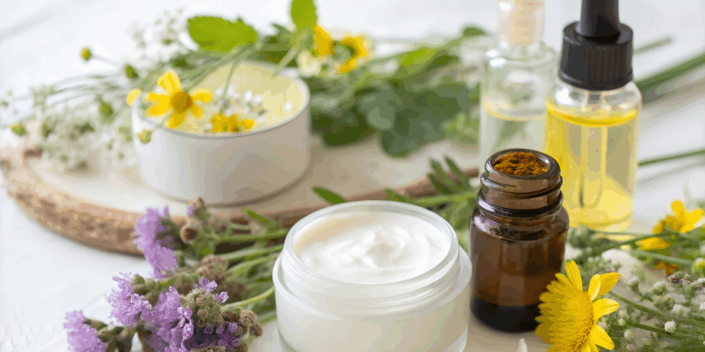 Produtos de skincare, com flores ao redor, em fundo branco, representando cuidados com a pele na Primavera