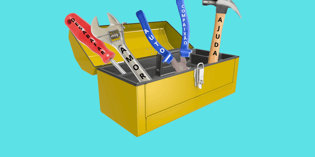 Uma caixa de ferramentas com descritivos em cada uma, que representam o autocuidado