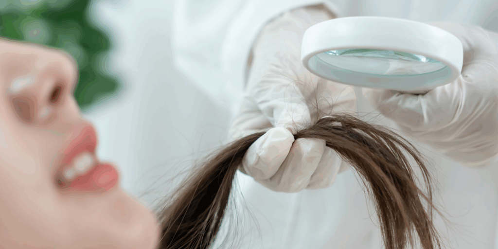 Profissional de saúde capilar, analisando profundamente o cabelo de uma mulher, para oferecer o melhor tratamento.