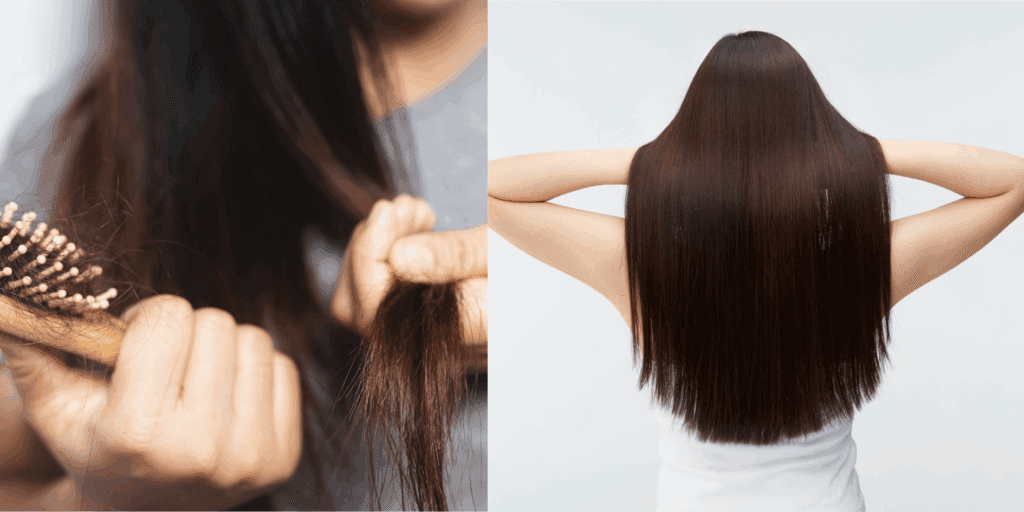 Antes e Depois de duas mulheres, uma antes com cabelo seco e com Frizz, e outra com o tratamento feito e com cabelos saudáveis, sem frizz e bonitos.