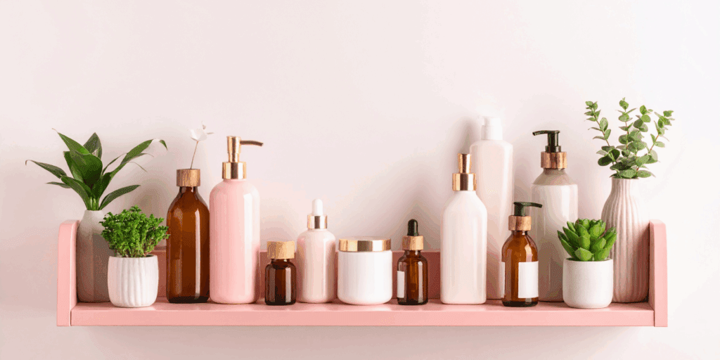 Diversos produtos de skincare organizados em uma prateleira de banheiro, representando um guia completo de skincare.