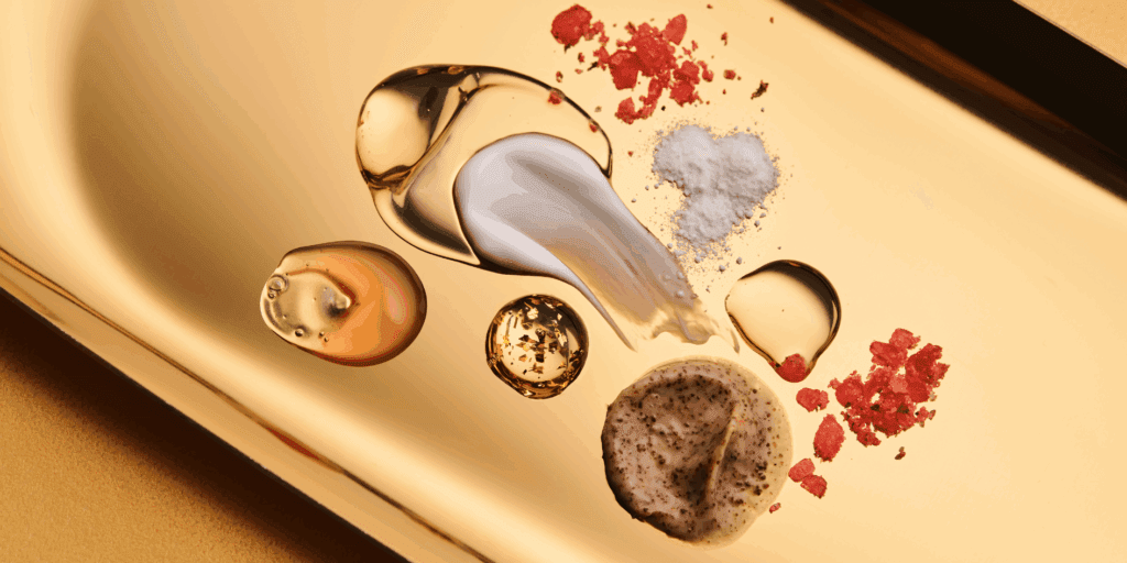 Close-up de diferentes texturas de séruns e cremes, como Vitamina C e Retinol, ingredientes essenciais no guia de skincare.  