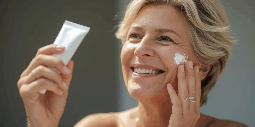 mulher  50 anos passando protetor solar em casa. com tubo na mão e sorrindo
