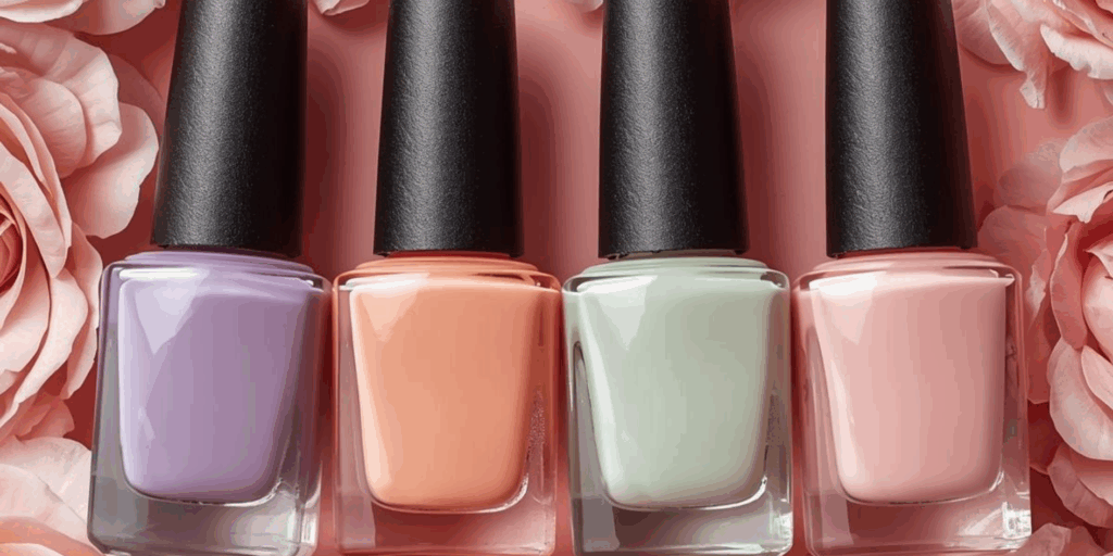 As principais tendências de esmaltes para a primavera 2025, mostrando tons de lavanda, pêssego e um nude "clean girl".
