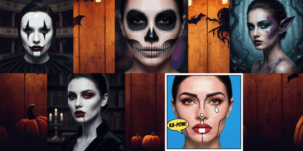 Colagem com 5 ideias de maquiagem artística para o Halloween: Caveira Glam, Vampira Sofisticada, Pop Art, Fada Sombria e Palhaço Sinistro.