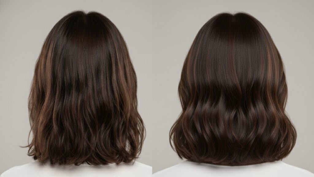 Uma foto "dividida" (antes/depois). A metade "Antes" mostra um cabelo opaco, sem vida. A metade "Depois" mostra o MESMO cabelo com um brilho "espelhado", refletindo a luz intensamente.