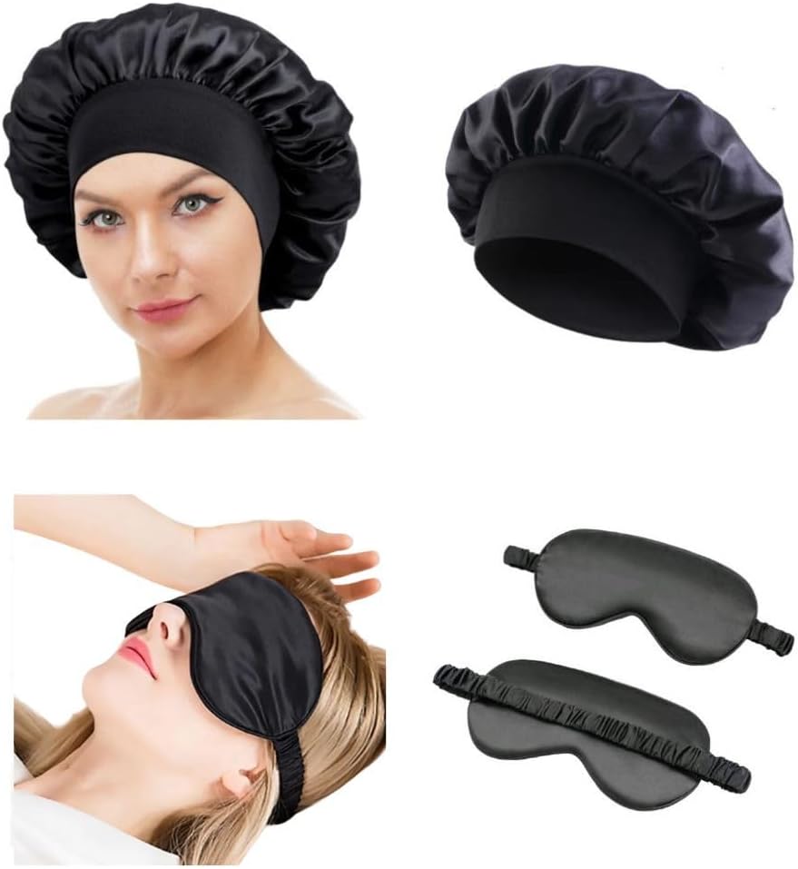 Kit autocuidado toque de seda com máscara de dormir + touca para dormir, skin care ou cozinha (Preto)