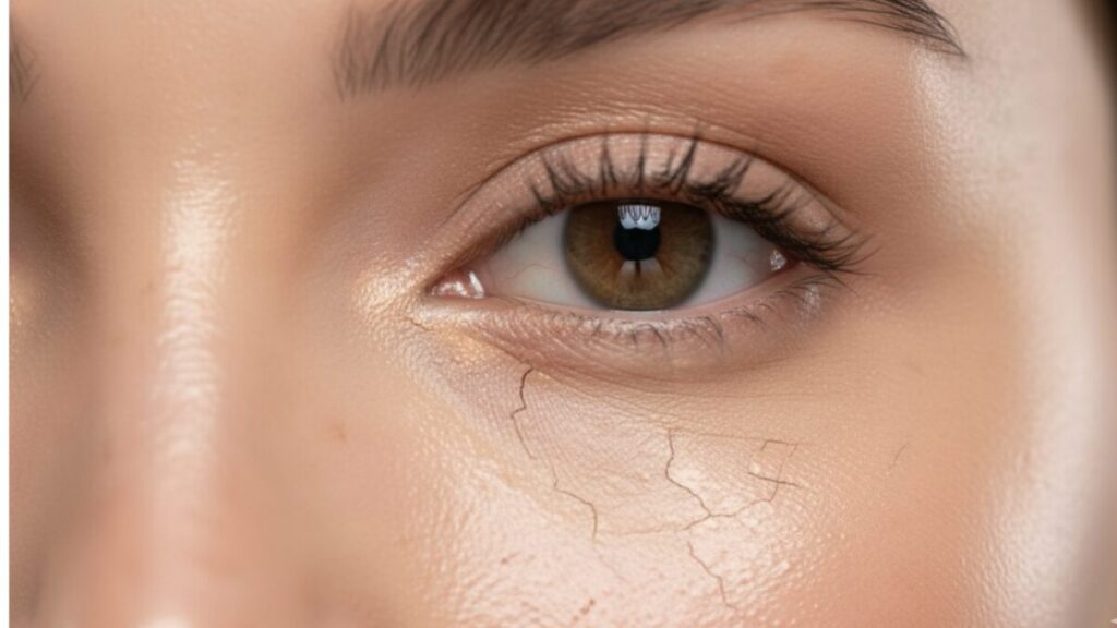 Um close-up extremo e bem focado da área abaixo dos olhos de uma mulher, mostrando o corretivo visivelmente "rachado" e acumulado nas linhas finas.