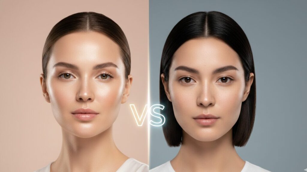 Uma foto conceitual e "limpa": De um lado, uma mulher com pele "glow", luminosa (representando o Glicólico). Do outro, uma mulher com pele "matte", com poros visivelmente limpos (representando o Salicílico). Um "VS" sutil no meio.