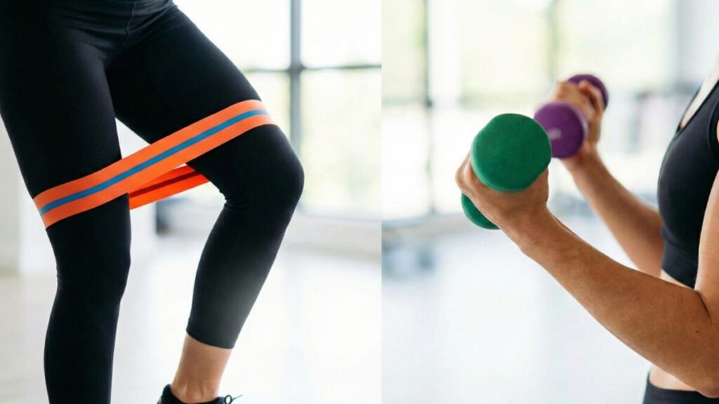 Uma foto dividida. De um lado, pernas femininas com uma faixa elástica colorida (Mini Band) nas coxas. Do outro, mãos femininas segurando halteres coloridos. Foco em "tonificação".