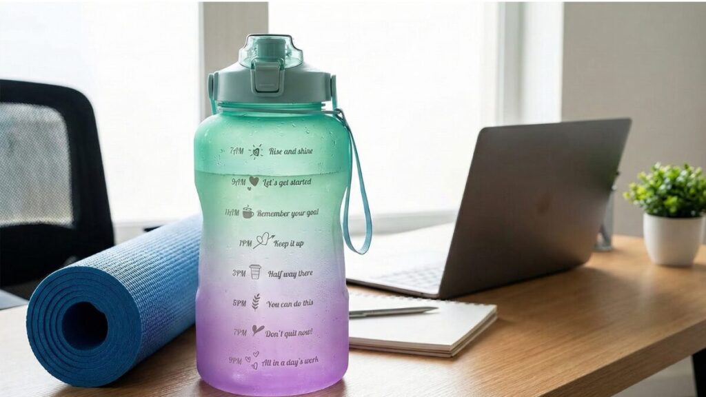 A famosa garrafa colorida "degradê" gigante (2 litros) cheia de água, em cima de uma mesa de escritório ou ao lado de um tapete de exercícios. Foco nas frases motivacionais escritas nela.