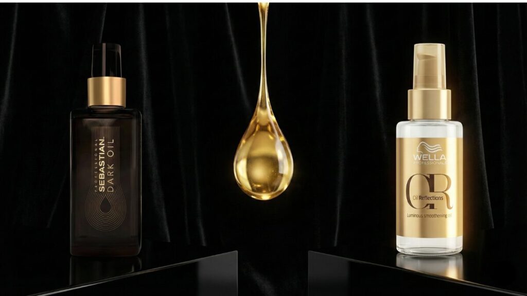 Uma foto sofisticada com fundo escuro ou preto. De um lado, o frasco escuro e misterioso do Sebastian Dark Oil. Do outro, o frasco branco e luminoso do Wella Oil Reflections. No centro, uma gota de óleo dourada caindo.