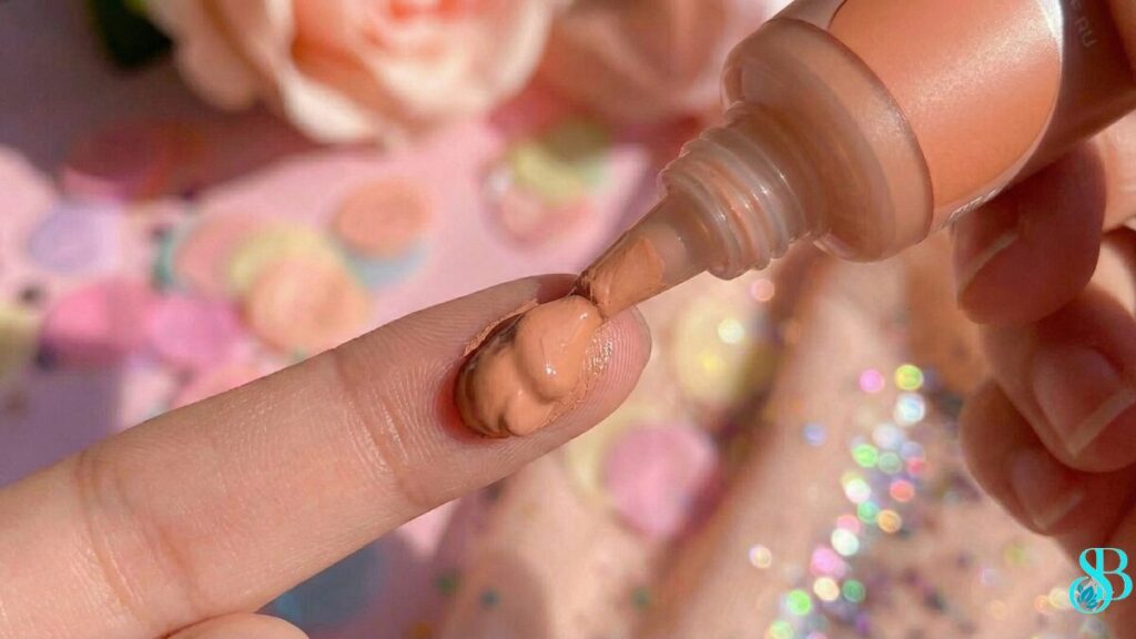 Uma foto de um aplicador de blush líquido (grande, fofinho) saindo do tubo, com a textura do produto visível. Pode ser em tons de rosa ou pêssego. A vibe deve ser jovem e "trendy"