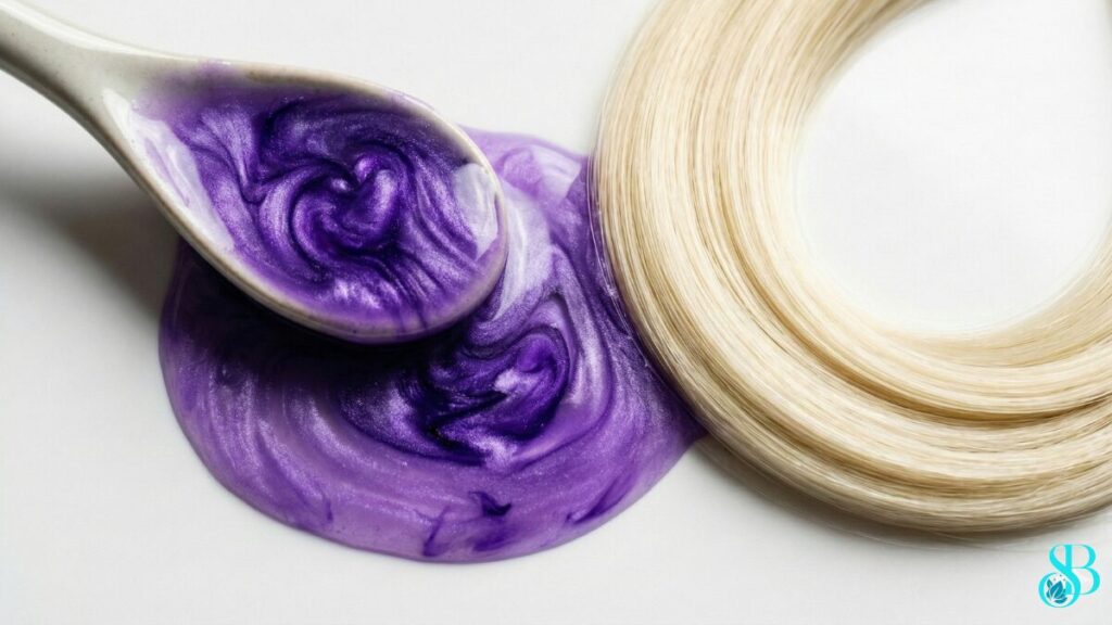 Uma foto artística de uma textura de shampoo roxo intenso derramado ou em uma colher, contrastando com um fundo branco. E uma mecha de cabelo loiro platinado perfeita ao lado.