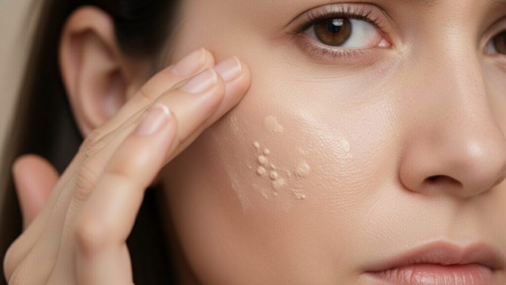 Um close-up extremo de uma bochecha, com a mão da mulher tentando espalhar a base, e o produto "esfarelando" visivelmente em pequenas "bolinhas" brancas (o efeito "pilling"). A expressão dela deve ser de frustração.  