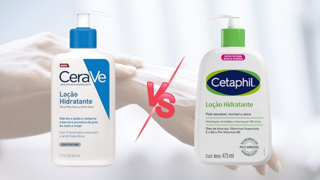 Uma foto em "split-screen" (tela dividida). De um lado, a embalagem branca e azul da CeraVe. Do outro, a embalagem branca e verde/azul da Cetaphil. No meio, um braço com a pele visivelmente hidratada e macia, sugerindo o resultado.