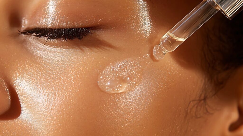   Um close-up da área dos olhos, com uma gotinha do produto (transparente/gel) aplicada na olheira. A imagem deve passar frescor e leveza. O frasco pequeno do Minéral 89 Olhos pode estar desfocado ao fundo.