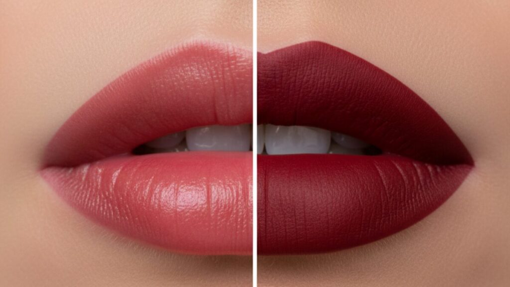 Uma foto dividida. Lado esquerdo: lábios com efeito "manchadinho" natural e suculento (Lip Tint). Lado direito: lábios com cor intensa, contorno perfeito e acabamento fosco (Batom Matte).