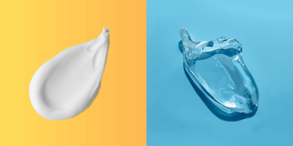 Uma foto "conceitual" dividida ao meio (split-screen). De um lado, uma textura de protetor solar mais "cremosa" (representando o Sallve) em um fundo colorido (talvez rosa ou laranja da marca). Do outro, uma textura "aquosa", quase transparente, em um fundo azul (representando o Bioré). Isso destaca visualmente a "batalha" das texturas.