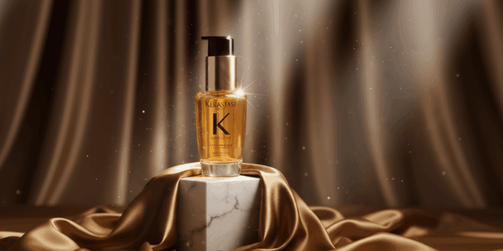 Uma foto bem "luxuosa" do frasco dourado do Kérastase Elixir Ultime, talvez em cima de um pedestal de mármore ou seda, com uma luz forte refletindo nele. A imagem deve gritar "luxo" e "desejo".