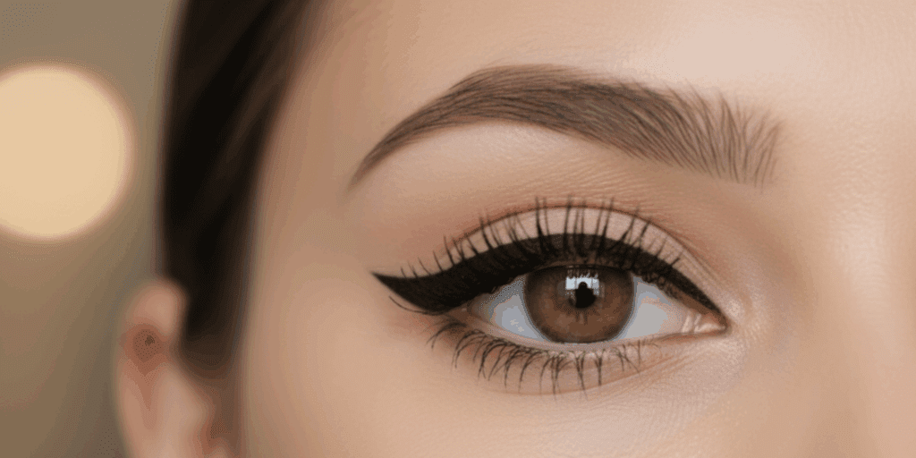  Um close-up extremo de um olho com um "delineado gatinho" perfeito, super preto e preciso. A imagem deve focar na "perfeição" do traço que todo mundo deseja.