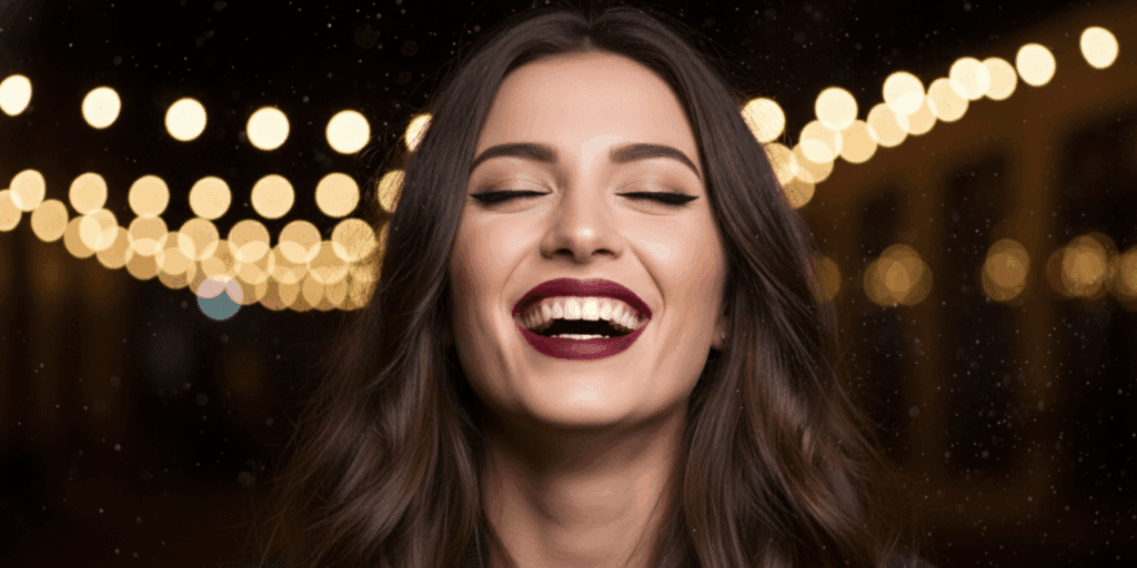 Uma foto "lifestyle" de uma mulher em uma festa ou evento (à noite, com luzes), com a maquiagem impecável, rindo, sem se preocupar. A imagem deve passar a ideia de "longa duração" e "à prova de tudo".