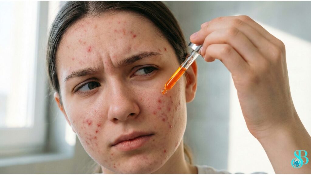 um rosto com algumas espinhas (acne), e uma mão segurando um conta-gotas com um líquido laranja (Vitamina C), com uma expressão de dúvida.